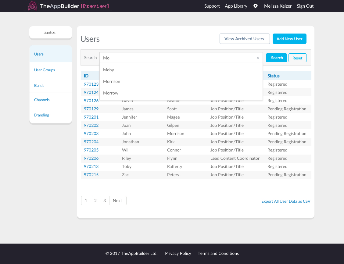 User search on a table